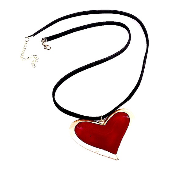 NEW Gold Rim Red Enamel Large Heart Necklace - Picture 4 of 12